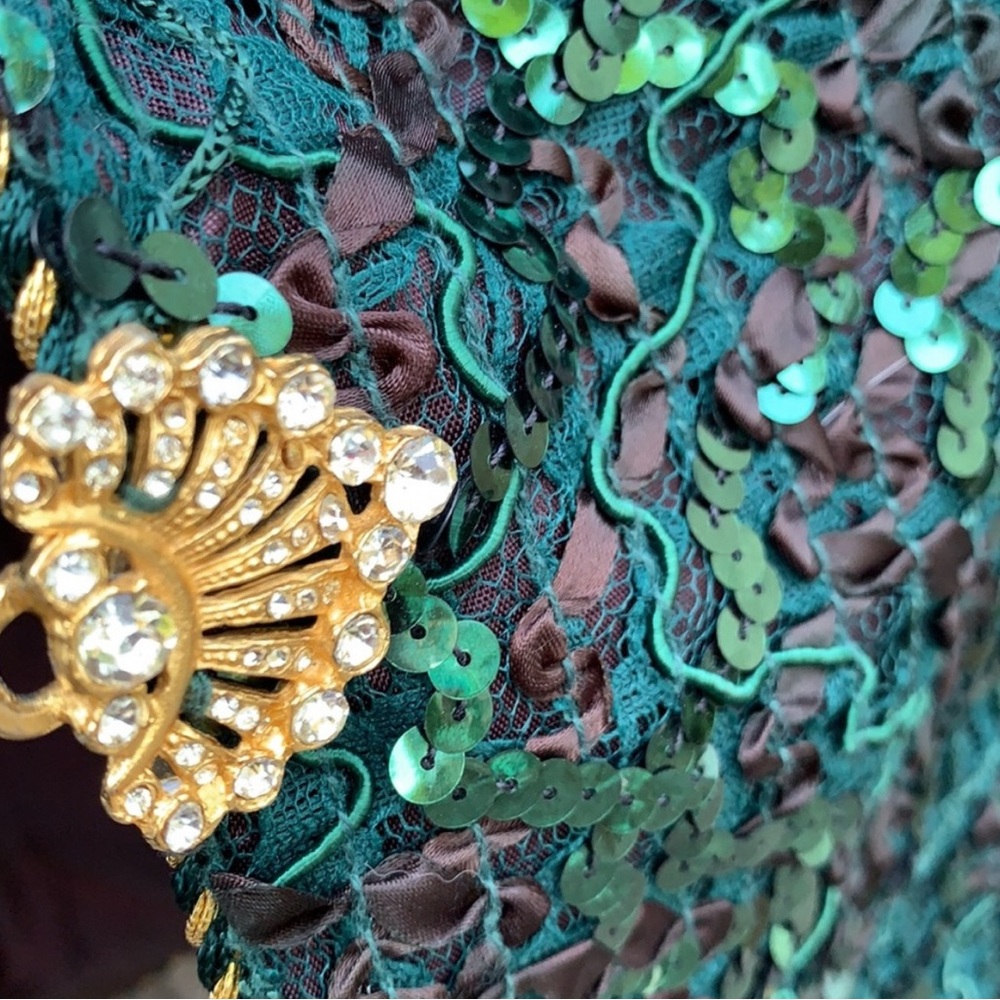 Karen Lawrence By Matthew Sequin Jacket Green 8 Vintage Gold Cord Detail Glam - Picture 14 of 15